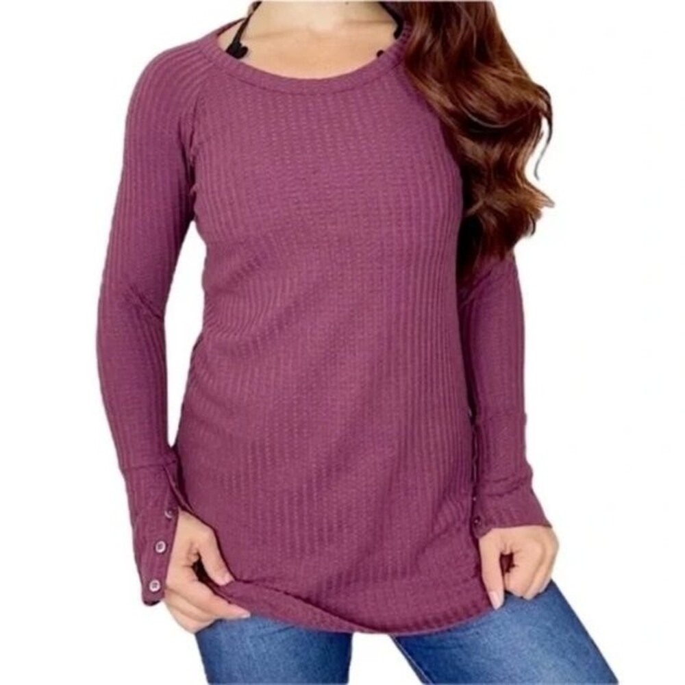 Chaser Thermal Waffle Knit Tunic Button Cuff Pie Purple NWT Flawed Size XS Boho